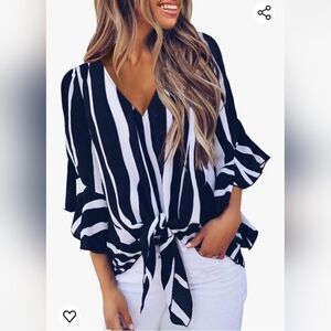 Onlypuff Striped 3/4 Bell Sleeve High-low Front Tie Knot Blouse Size: XXL